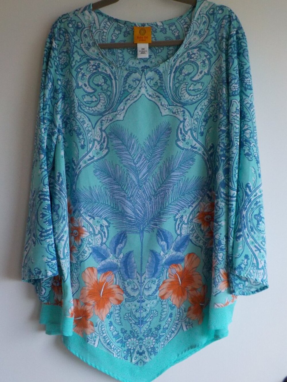 Ruby Rd. Women - Tunic Top - Size 2X - Blue Green Floral 3/4 Sleeve Sheer (779)